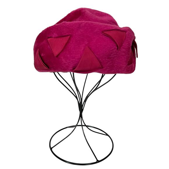 Vintage Gwen Pennington Hat Pink Faux Fur Fluffy Pillbox w/ Triangular Details - Picture 6 of 12